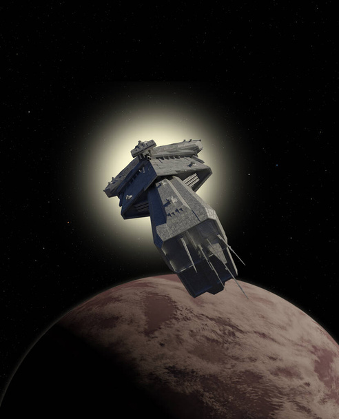 Crucero de batalla de nave espacial ligera sobrevolando un planeta rojo, ilustración de ciencia ficción renderizada digitalmente 3d - Foto, imagen