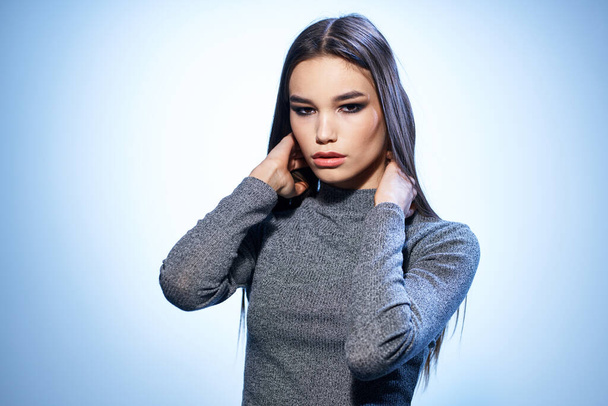 beautiful woman bright makeup gray jacket attractive look luxury model studio - Фото, изображение