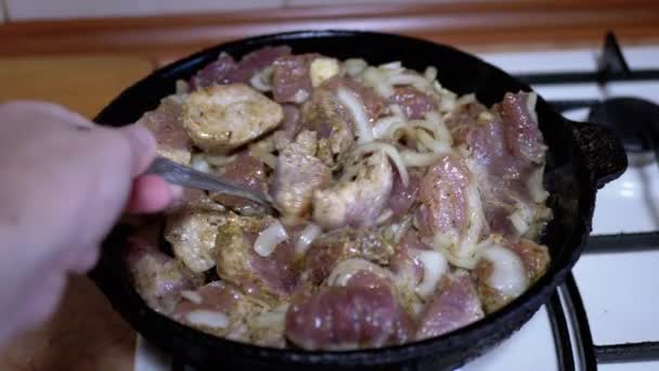Γυναικείος έλεγχος χεριών Ετοιμότητα τηγανισμένου κρέατος με κουταλιά της σούπας. Κουζίνα στο σπίτι - Πλάνα, βίντεο