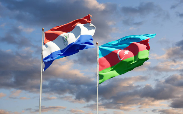 Kauniit kansallisvaltioiden liput Paraguayn ja Azerbaidzanin yhdessä taivaalla taustalla. 3D-taidekonsepti. - Valokuva, kuva