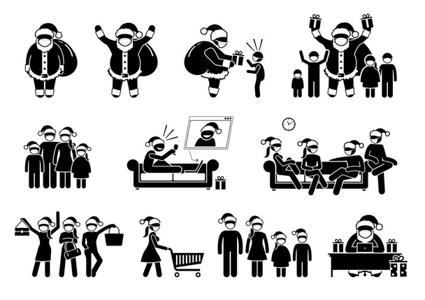 Weihnachtsmänner und Menschen mit Mundschutz während einer Pandemie an Weihnachten. Vektorillustrationen von Weihnachtsmännern, Familie und Freunden, die frohe Weihnachten während des Ausbruchs des Coronavirus Covid-19 feiern. - Vektor, Bild