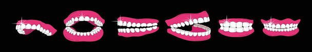 Zahnfleisch und Zähne. Cartoon-Icon-Design-Vorlagen mit verschiedenen Modellen. moderne Vektordarstellung isoliert auf schwarzem Hintergrund - Vektor, Bild