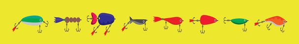 conjunto de isca de pesca desenho animado ícone modelo com vários modelos. moderna ilustração vetorial fundo amarelo - Vetor, Imagem