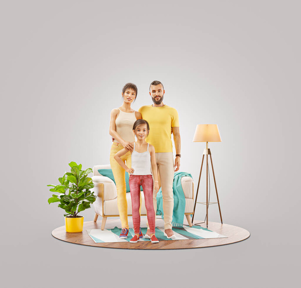 Happy family concept. Unusual 3d illustration of a Happy family enjoying a new home. - Photo, image