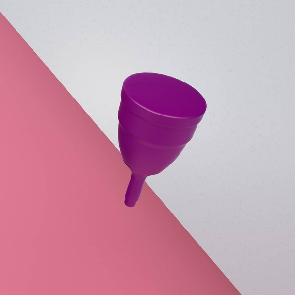 Фиолетовый силиконовый менструальный стаканчик изолирован на белом фоне. Средства женской гигиены. Трехмерная иллюстрация - Фото, изображение