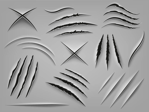 Realistic claw scratch. Paper cut and scratch animal claw, rough holes in flat surface, fabric or paper. Animal paw marks vector illustrations - Vektor, Bild