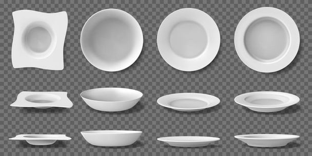 White realistic plates. Porcelain household kitchenware, dishes and bowls, 3D ceramic dining tableware. Blank kitchen crockery vector illustrations - Vector, Imagen