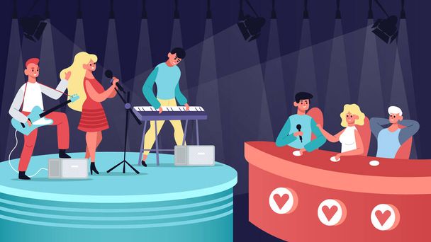 Talents music show. Vocal, musical TV competition, audition contest performing and jury judge. Singing talent show vector illustration - Vektor, Bild