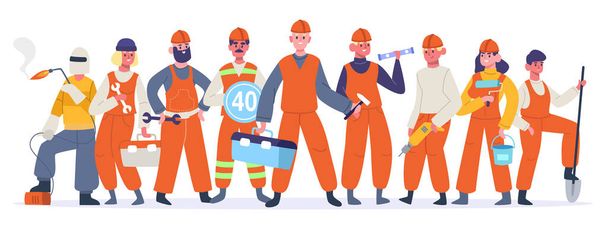 Construction workers team. Industrial service workers, builders and house repair handyman. Group of construction workers vector illustrations - Vector, Image