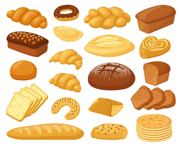 Cartoon bread. Bakery products, roll baguette, bread loaf and toast, sweet donut, cake and croissant. Pastry wheat products vector illustrations - Wektor, obraz