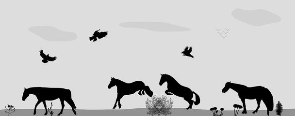 Άλογα πηδούν, πουλιά πετούν στη φύση. Εικονογράφηση διανύσματος. - Διάνυσμα, εικόνα