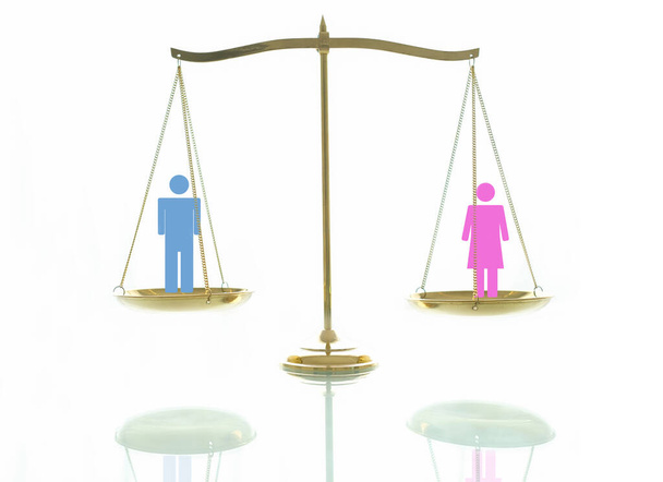 Equality concept. Women and men on beams scales on a white background. - Photo, Image