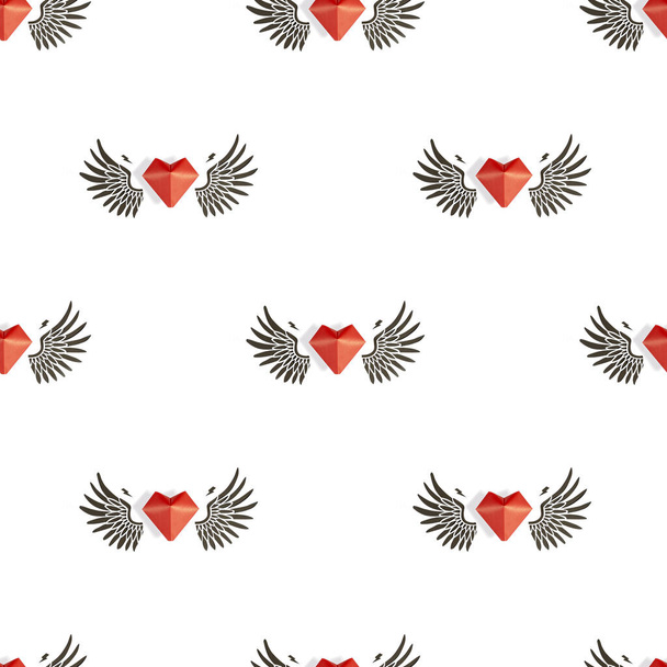 Modello senza cuciture di cuori rossi con ali nere su uno sfondo bianco isolato. Il concetto di festeggiare San Valentino. - Foto, immagini