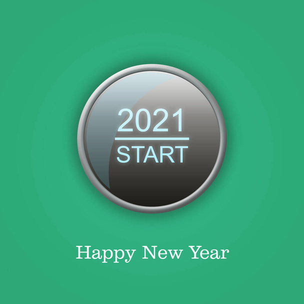 2021 Старт. Кнопка на зеленом фоне. Концепция начала Нового года. Праздничный фон. - Фото, изображение