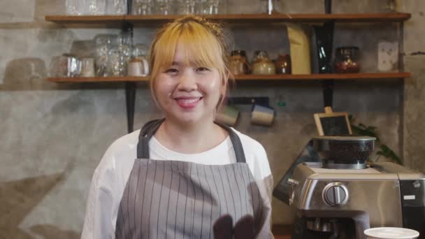 Portrét mladé asijské ženy barista pocit šťastný úsměv v městské kavárně. Malý podnikatel majitel Korejky dívka v zástěře relaxovat zubatý úsměv při pohledu na kameru stojící u pultu v kavárně. - Záběry, video