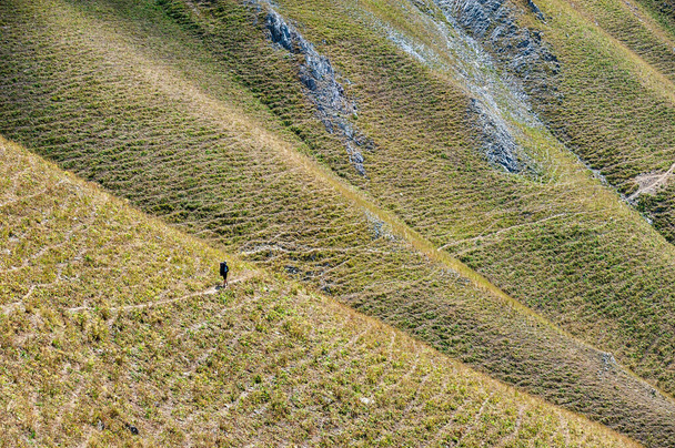 Female Hiker. Young woman alone trekking and backpacking in high mountains near Sary Chelek lake, Sary-Chelek Jalal Abad region, Kyrgyzstan, Trekking in Central Asia. - Foto, immagini