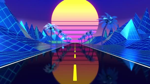 Images bleues rétro avec route, montagnes, palmiers et soleil - un design futuriste adapté aux années 80. Animation numérique 3D avec résolution 4k - 3840 x 2160 px. - Séquence, vidéo
