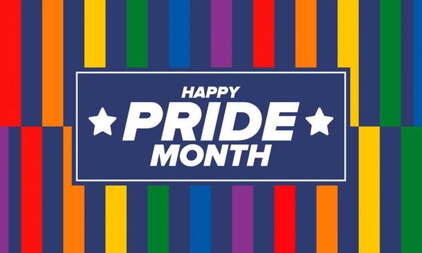 LGBT Pride Month in June. Lesbian Gay Bisexual Transgender. Celebrated annual. LGBT flag. Rainbow love concept. Human rights and tolerance. Poster, card, banner and background. Vector illustration - Вектор,изображение