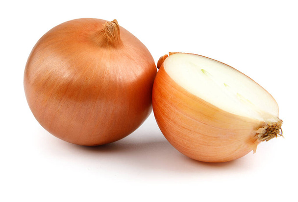 Whole and half bulb of golden onion are isolated on a white background. - Foto, Imagem