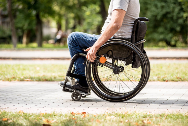 Handicapped man in wheelchair walk at the park alley - Photo, image