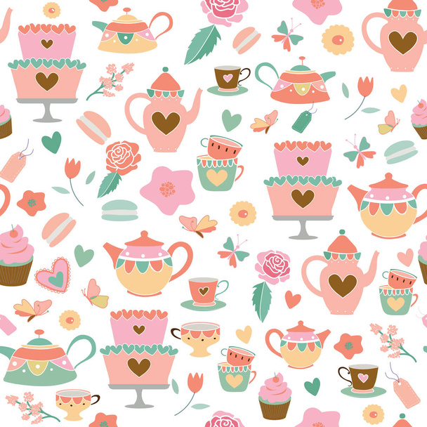 Vector coral pink sage green garden tea party seamless pattern background. Perfect for fabric, scrapbooking, wrapping paper, wallpaper projects - Vector, Image
