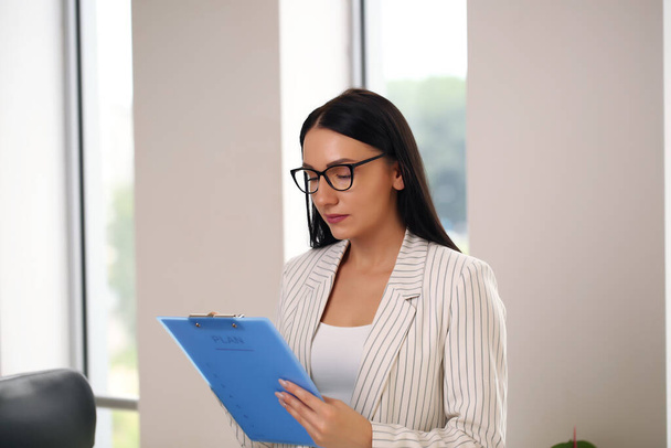 young business lady holding a folder, brunette in a suit - Foto, afbeelding