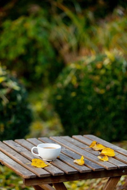 Filiżanka kawy na drewnianym stole w ogrodzie - Zdjęcie, obraz
