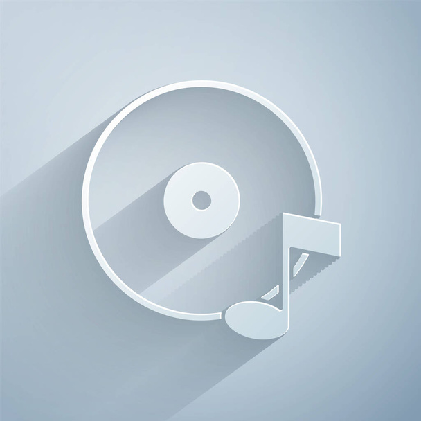 Paper cut Vinyl disk icon isolated on grey background. Paper art style. Vector. - Vector, Imagen