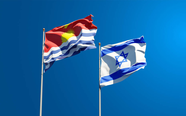 Gyönyörű nemzeti zászlók Kiribati és Izrael együtt az ég hátterében. 3D-s művészeti koncepció. - Fotó, kép