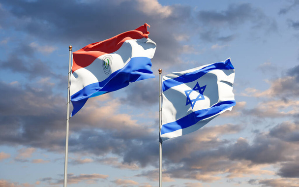 Beautiful national state flags of Paraguay and Israel together at the sky background. 3D artwork concept. - Photo, Image