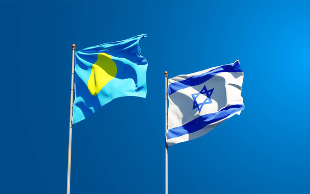 Beaux drapeaux nationaux des Palaos et d'Israël ensemble au fond du ciel. Concept d'illustration 3D. - Photo, image