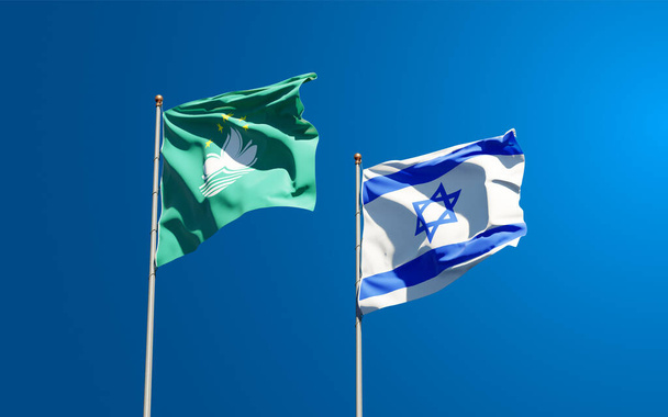 Krásné národní státní vlajky Macaa a Izraele společně na pozadí oblohy. Koncept 3D uměleckých děl. - Fotografie, Obrázek