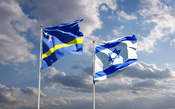 Prachtige nationale staatsvlaggen van Israël en Curaçao samen op de achtergrond. 3D-kunstwerkconcept. - Foto, afbeelding