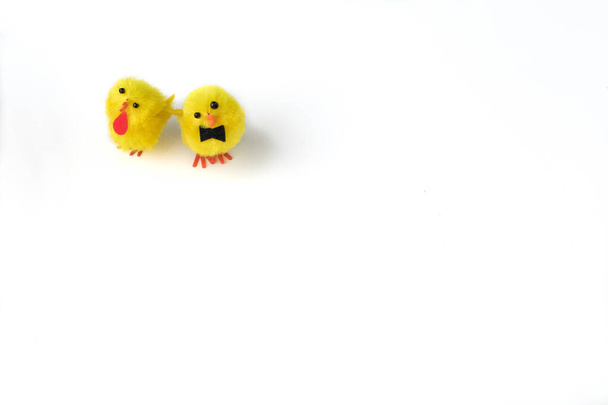 Two toy chicken boy and girl on a white background. Easter concept - Foto, immagini