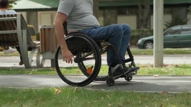 Ένας ανάπηρος με αναπηρική καρέκλα περπατάει στο δρομάκι του πάρκου. - Πλάνα, βίντεο