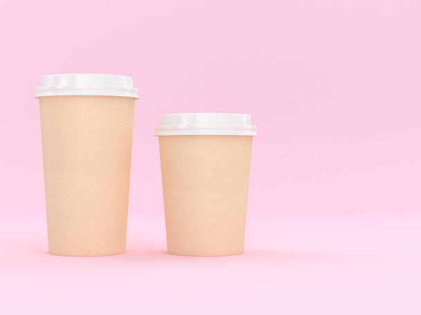 Rendering moderno riutilizzabile della tazza di cartone 3D con sfondo rosa per bevande calde e fredde, spazio di copia della bevanda del tè del latte espresso - Foto, immagini