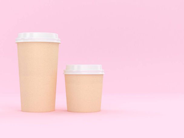 Rendering moderno riutilizzabile della tazza di cartone 3D con sfondo rosa per bevande calde e fredde, spazio di copia della bevanda del tè del latte espresso - Foto, immagini