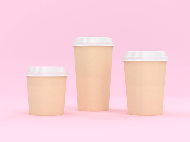 Representación moderna de la taza de cartón reutilizable 3D con el fondo rosado para las bebidas calientes y frías, espacio de la copia de la bebida del té de la leche del café expreso - Foto, imagen