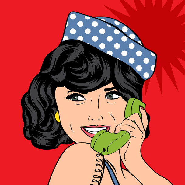 rozmowy przez telefon, pop-art ilustracja kobieta - Wektor, obraz