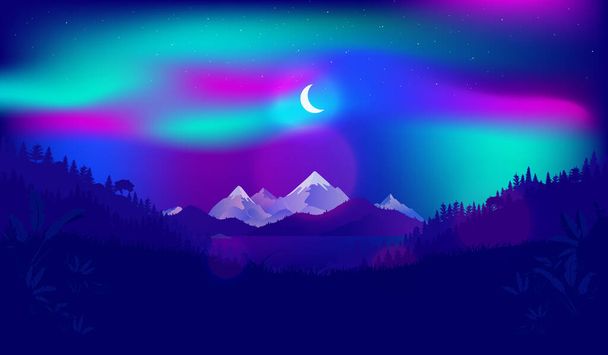 Βόρειο φως και φεγγάρι πάνω από την κορυφή του βουνού. Βόρειο τοπίο με μαγικό νυχτερινό ουρανό, μισοφέγγαρο και δάσος. Aurora borealis, κρύες νύχτες και Σκανδιναβία έννοια. Εικονογράφηση διανύσματος.  - Διάνυσμα, εικόνα