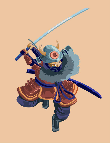 Antigua caricatura enorme guerrero soldado de combate y militar en armadura roja dura samurai de varias culturas, tales como ninja chino o personaje guerrero japonés. Aislado. - Vector, imagen