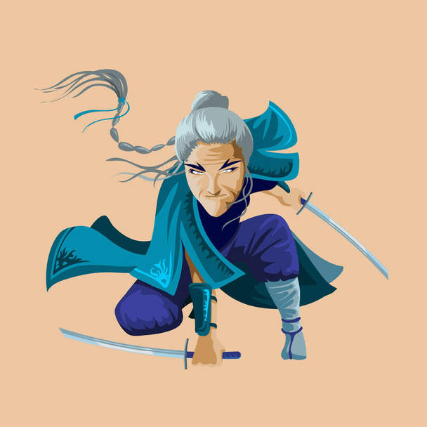 Ancient cartoon guerreiro lutador soldado e militar velha mulher em pano azul e com um pigtail cinza de várias culturas, como ninja chinês ou japonês personagem guerreiro. Isolados. - Vetor, Imagem
