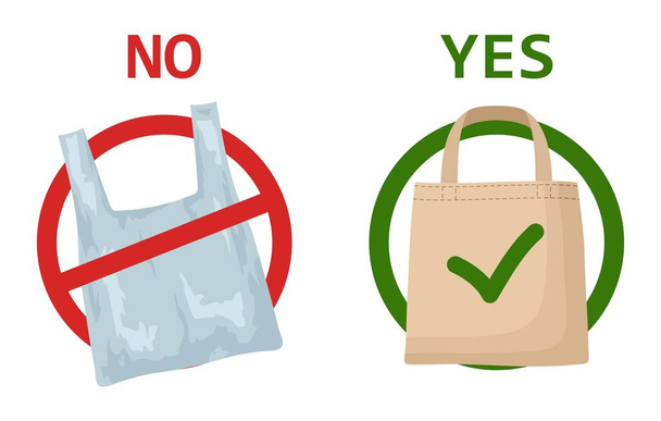 Pollution problem concept. Plastic bag and eco bag isolated on white background. Say no to plastic bags, bring your own textile bag. Signage calling for stop using disposable polythene package. - Vector, Image