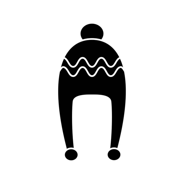 Chapéu de inverno ícone preto isolado no fundo branco. Cabeceira de tricô com duas abas de orelha longa e tampa para o tempo frio. Roupa exterior. Ilustração vetorial - Vetor, Imagem