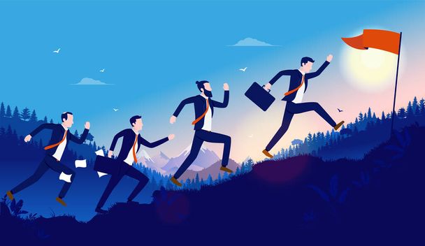 Business race towards goal - Business people running up hill to reach a red flag. Competition, challenge, opportunities and competitive concept. Vector illustration. - Vector, Image