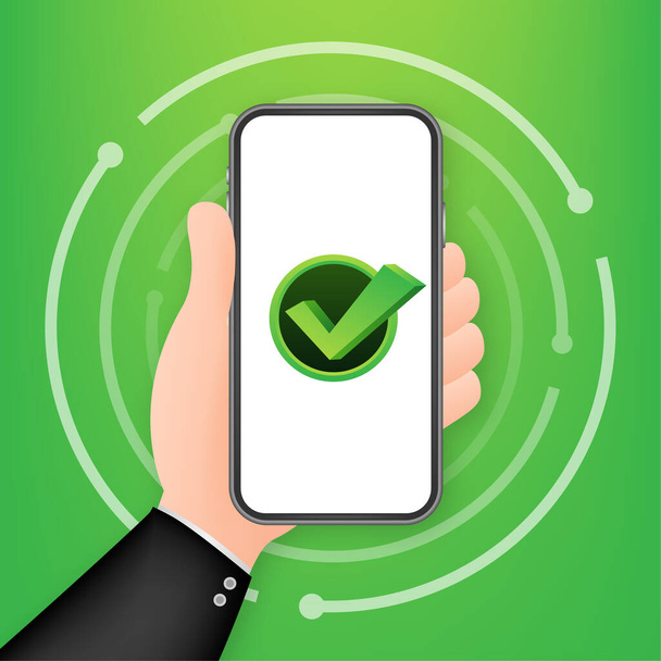 Smartphone with checkmark or tick notification in bubble. Approved choice. Accept or approve checkmark. Vector stock illustration - Vector, Image