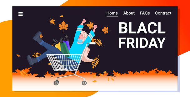 woman with shopping bags sitting in trolley cart black friday big sale promotion discount concept - Vecteur, image