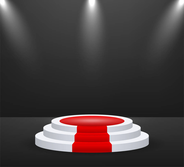 Scène pour la cérémonie de remise des prix. Podium avec tapis rouge. Piédestal. Pleins feux. Illustration vectorielle - Vecteur, image