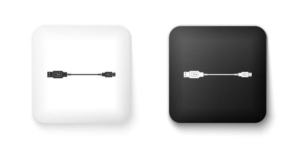 白と黒のUSBマイクロケーブルアイコンは白の背景に隔離されています。PCおよびモバイルデバイス用のコネクタおよびソケット。スマートフォンの充電供給。正方形のボタン。ベクトル. - ベクター画像