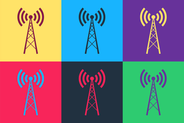 Pop Art Antennensymbol isoliert auf farbigem Hintergrund. Funkantenne drahtlos. Technologie und Netzwerksignalfunkantenne. Vektor. - Vektor, Bild